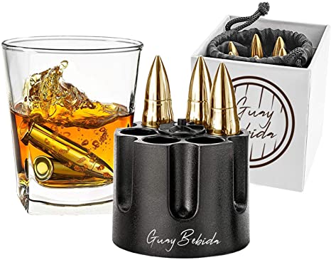 Guay Bebida Stainless Steel Chilling Ice Bullets with Pouch - Reusable Stone Chiller On the Rocks Cold Drinks for Whiskey, Scotch, Bourbon, Soda, Beer - In Gift Box. - Medium Gold
