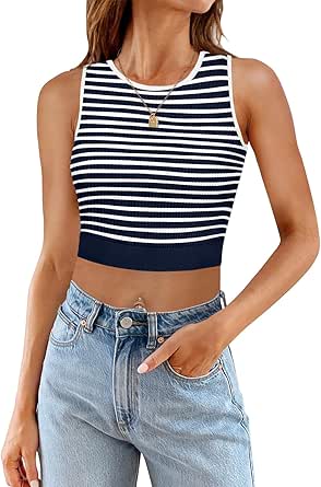 MEROKEETY Women's Ribbed Knit Crop Tank Tops Summer Y2K Striped Sleeveless Shirts