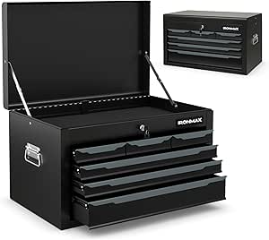 Goplus Steel Tool Box, 24” Tool Chest Case with 6 Drawers, Top Storage, Automatic Lock, Ball Bearing Slides & EVA Liners, Portable Tool Storage Organizer for Garage, Repair Shop & Warehouse, Black