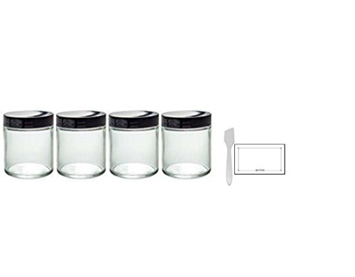 Clear Thick Glass Straight Sided Jar - 4 oz / 120 ml (4 pack)   Spatulas and Labels - Airtight, Smell Proof, BPA Free Lids