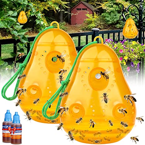 Wasp Traps Outdoor Hanging, Wasp Bee Traps Repellent Outdoor Yellow Jacket Traps Catchers Killer for Outside Carpenter Hornet Wasp Deterrent Non-Toxic Reusable Jacket Traps Pear Shaped Orange (2 Pack)