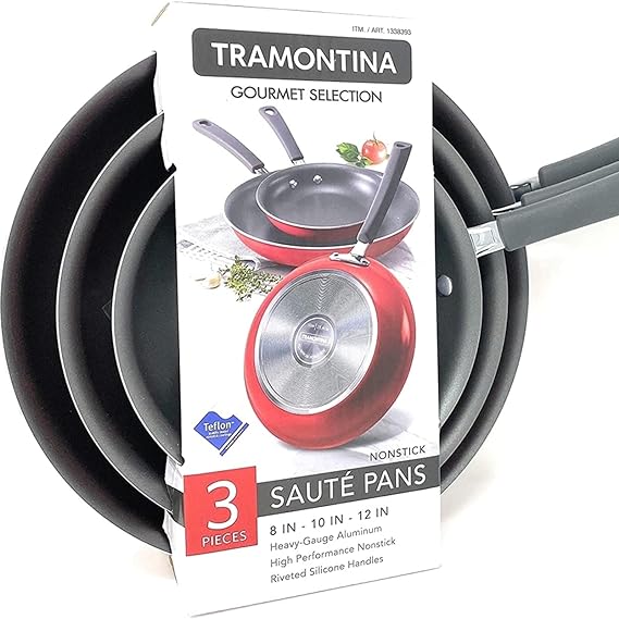 Tramontina Gourmet Selection 3 Piece Set Nonstick Saute Pans (8", 10" & 12") Heavy-Gauge Aluminium High Performance Nonstick Riveted Silicone Handles (Metallic Canyenne Red)