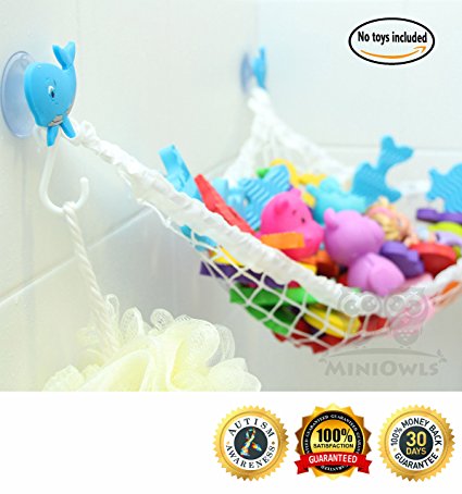 MiniOwls Bathtub Toy Storage Hammock Small - with 3 Blue Whale Suction Cups & FREE Toothbrush Holder - 3% is donated to Autism Foundation.