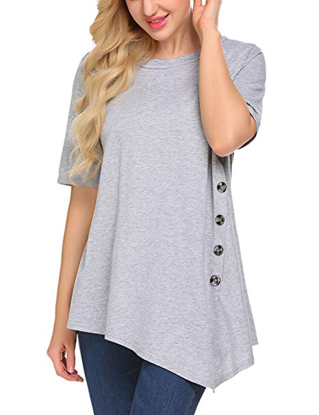 Sweetnight Women's Casual Scoop Neck Short Long Sleeve Side Button Pleated T-Shirt Tunics Top Plus Size