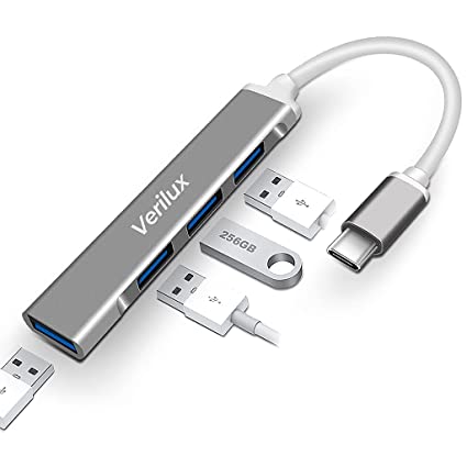 Verilux® USB C Hub, USB Hub with 4 USB Ports, High Speed Aluminum Type C Hub Compatible with MacBook Pro, MacBook Air, iPad Pro, Samsung Galaxy S8/S9/S10/Note 8 (Space Grey)