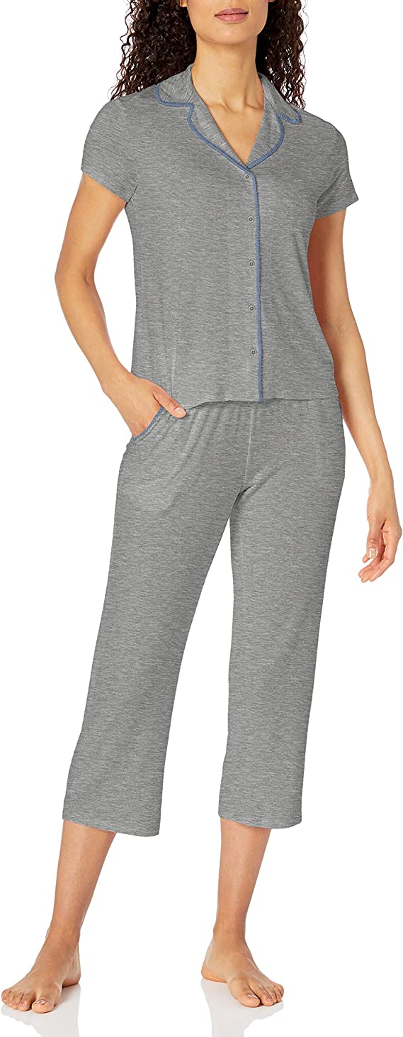 Amazon Brand - Mae Women's Notch Collar Pajama Set with Embroidered Trim