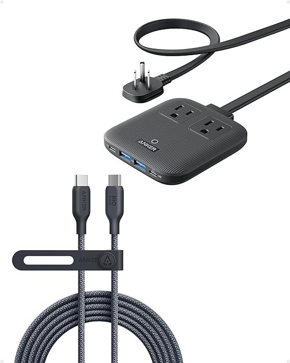 Anker USB C to USB C Cable (240W,10ft), Bio-Braided USB C Charger Cable Fast Charge Nano Charging Station, 6-in-1 USB C Power Strip 67W Max with Flat Plug and 5 ft Thin Extension Cord, 2 AC, 2