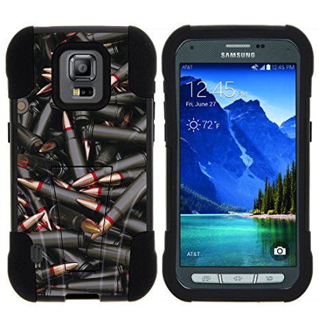 TurtleArmor ® | Samsung Galaxy S5 Active Case | G870 [Gel Max] Impact Proof Cover Hard Kickstand Hybrid Fitted Shock Silicone Shell Military War Camo Design - Black Bullets