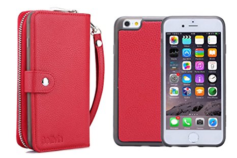 iPhone 6S Plus wallet case 5.5inch, Bellivin Large Capacity Zipper Clutch Case with Detachable Folio & Strap, Premium Litchi Pattern Vegan Leather Wristlet Wallet Case (Litchi Red 6 Plus / 6S Plus)