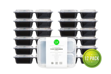 Reusable 3-Compartment Bento Box Food Container by Simple Kitchen Products, Dishwasher, Microwave & Freezer Safe, BPA Free, Best for Portion Control & Meal Prep Containers, 2 Bonus Containers! 12 Pack