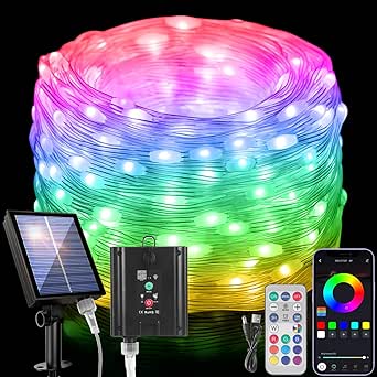 RGB-IC Solar Smart Fairy Lights [APP & Remote Control], 33FT/10M 100 LEDs String Lights, 99  Dynamic Modes, Music/Voice Sync Color Change, Waterproof String Light for Holiday, Wedding, Gate