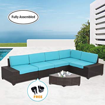 Diensday Outdoor Furniture Sectional Sofa & Wedge Table (6-Piece Set) All-Weather Brown Wicker with Washable Seat Cushions & Modern Glass Coffee Table | Patio, Backyard, Pool | Fully Assembled