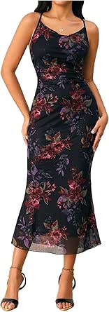 Milumia Women's Floral Ruched Mesh Bodycon Maxi Dress Cowl Neck Long Cami Dress