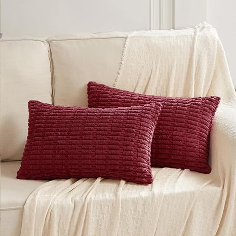 Fancy Homi 2 Packs Wine Red Christmas Lumbar Decorative Throw Pillow Covers 12x20 Inch for Living Room Couch Bedroom, Farmhouse Boho Home Decor, Soft Corduroy Burgundy Rectangle Cushion Case 30x50 cm