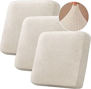 H.VERSAILTEX Velvet Stretch Couch Cushion Cover Plush Cushion Slipcover for Chair Loveseat Sofa Cushion Furniture Protector Seat Cushion Sofa Cover (3 Piece XL Sofa Cushion Covers, Ivory Striped)