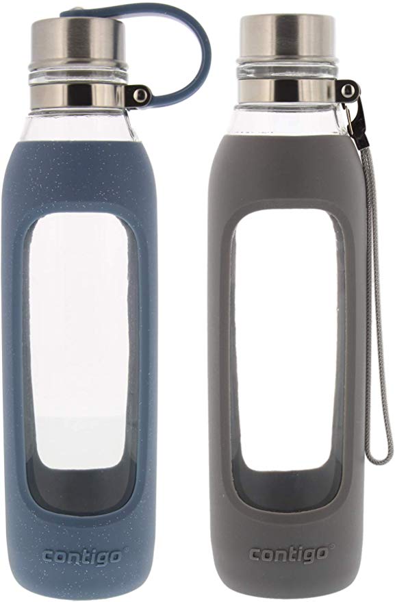 Contigo Purity Glass Water Bottle - Protective Silicone Sleeve and Tethered Lid Included - Tasteless and Odorless Drinking - 100% BPA-Free - 20-Ounce, 2 Pack, Stormy Weather and Smoke