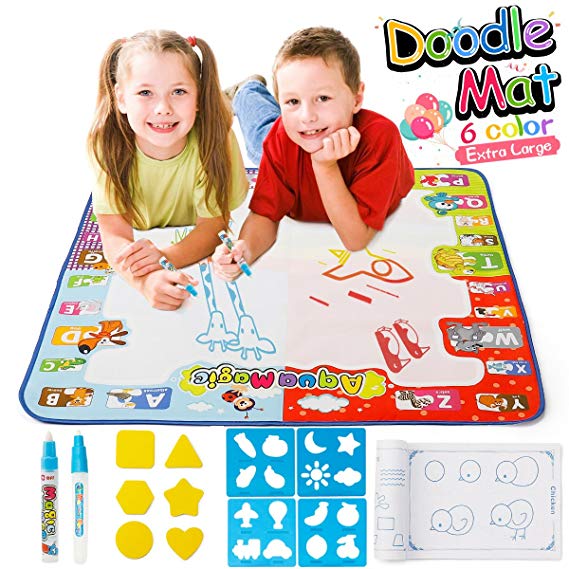 Large Aqua Doodle Drawing Mat - 6 neon Color Magic Water Aquadoodle mat, Painting Writing Pad Board with Pens and Model,Kids Educational Travel Toy Gift for Boys Girls Toddlers with Bonus Baby Socks
