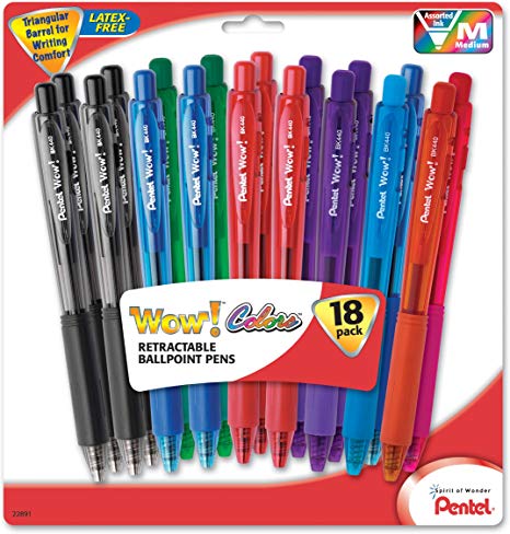 Pentel WOW! Retractable Ballpoint Pens, Medium Line, Assorted Ink Colors, 18-Pack (BK440BP18M)