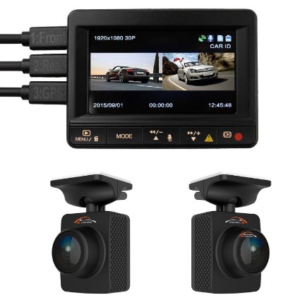 Dual Car Dash Camera K1S TWOBIU GPS Logger Front and Rear 1080p Remote Lens Cameras 140 Degree lenses 64GB microSD capacity Ambarella A7LA70
