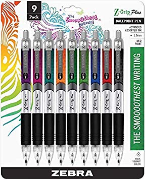 Zebra 25509 Z-Grip Plus Ballpoint Retractable Pens, 1mm Point, Low Viscosity Ink, Non-slip Latex-free Z-grip, Assorted Colors, Pack of 9