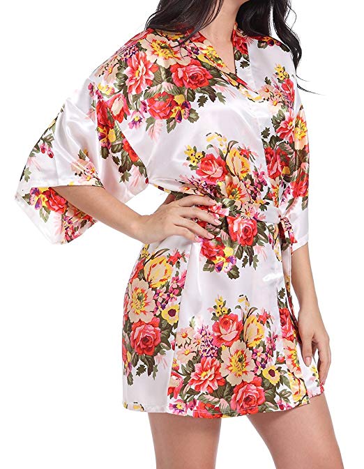 DF-deals Women's Kimono Satin Floral Robes for Bride and Bridesmaid Wedding Party Gift Silk Robes Nursing Gown Short
