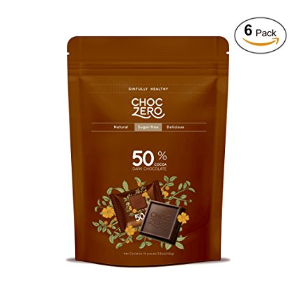 ChocZero's 50% Dark Chocolate, Sugar free, Low Carb. No Sugar Alcohol, No Artificial Sweetener, All Natural, Non-GMO - (6 Bags, 60 Pieces)