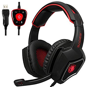 2017 Updated SADES Spirit Wolf 7.1 Surround Stereo Sound USB Computer Gaming Headset with Microphone,Over-The-Ear Noise Isolating,Breathing LED Light for PC Gamers (Black Red)