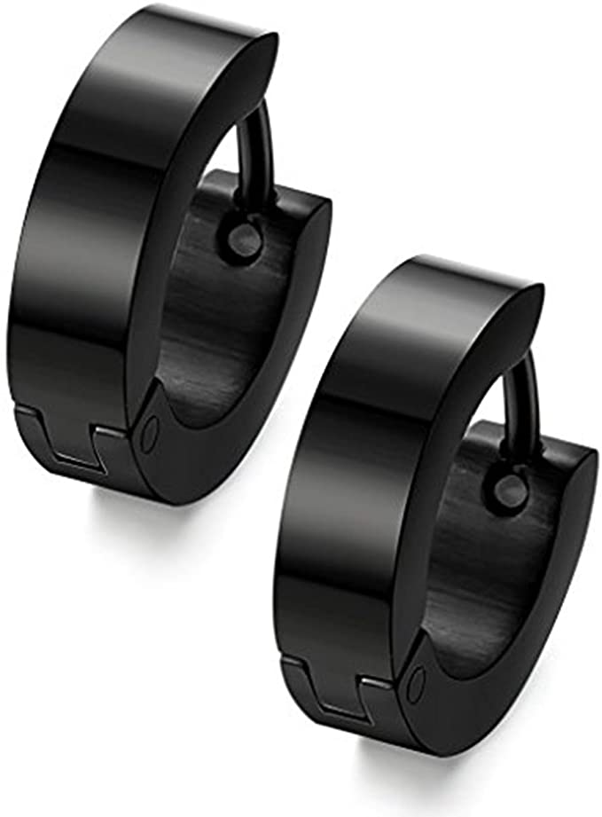 Stainless Steel Huggie Earrings - Unisex Cool Small Hypoallergenic Hoop Stud Earring Piercings (1pair Black)