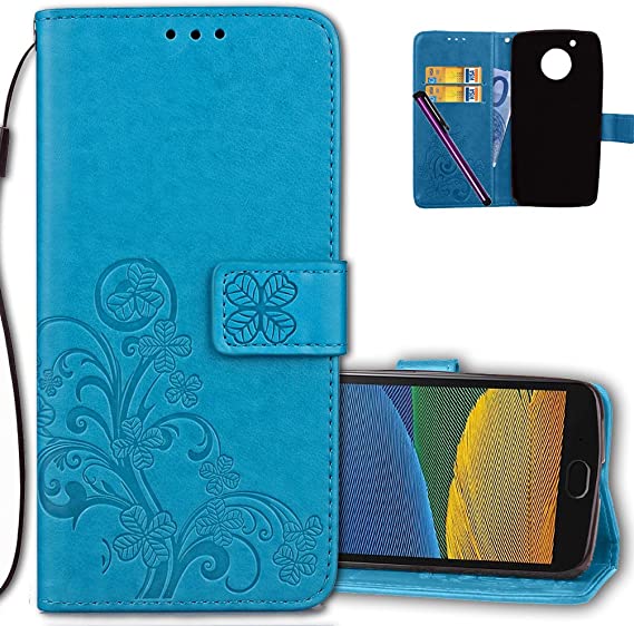 COTDINFORCA Case for Moto G (5th Gen) Wallet Case Leather Premium PU Embossed Design Magnetic Closure Protective Cover with Card Slots for Motorola Moto G5 (5.0 inch). Luck Clover Blue