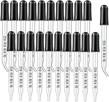 20pcs 1ml Glass Dropper,Essential Oil Dropper Pipette, Bent & Straight Calibrated Glass Medicine Dropper.