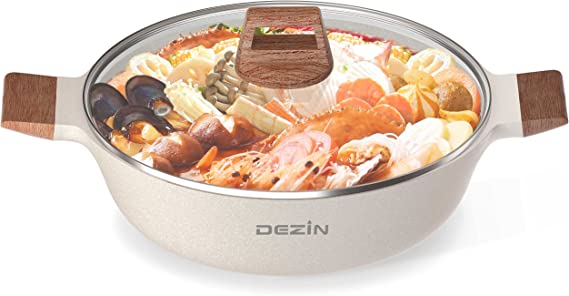 Dezin Nonstick Hot Pot, 5-QT Die-Cast Aluminum Stock Pot, Shabu Shabu Pot with Temped Glass Lid, 12 Inches Chinese Hotpot, Soup Pot for Induction Cooktop, Gas Stove & Hot Burner, Soup Ladle Included