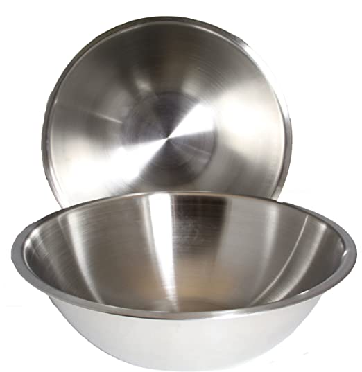 SET OF 2 - Large 16 Inch Wide Stainless Steel Flat Rim Flat Base Mixing Bowl