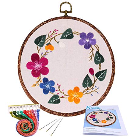 Full Range of Embroidery Starter Kit with Pattern, Kissbuty Cross Stitch Kit Including Embroidery Cloth with Floral Pattern, Imitation Wood Embroidery Hoop, Color Threads and Tools Kit (Floral Hoop)