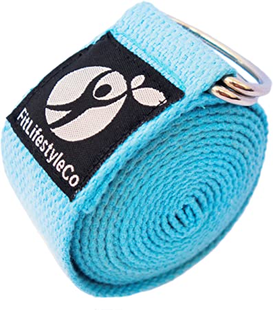 Yoga Strap Best for Stretching - 6 Colors Instructional Video - Durable Cotton with Metal D-Ring - by FitLifestyleCo