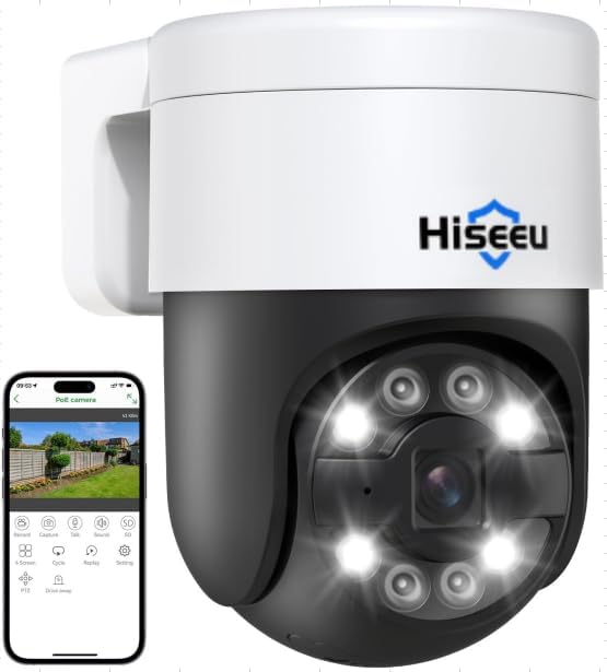 Hiseeu 【Auto Tracking  2-Way Audio】 5MP PoE PTZ Security Camera Outdoor,CCTV Home Security Cameras,PTZ 300°Pan 90 Tilt,Spotlight Alarm, Human Tracking, No Monthly Fee