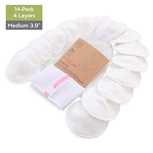 Organic Bamboo Nursing Breast Pads - 14 Washable Pads   Wash Bag - Breastfeeding Nipple Pad for Maternity - Reusable Nipplecovers for Breast Feeding (Soft White, Medium 3.9")