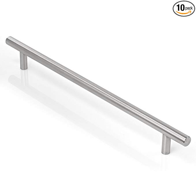 Cauldham Solid Stainless Steel Euro Style Cabinet Pull Handle Brushed Nickel Design 10" (256mm) Hole Centers - Pack of 10