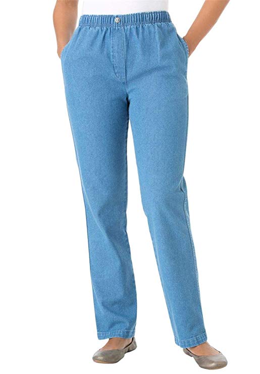 Woman Within Plus Size Elastic-Waist Cotton Straight Leg Pant