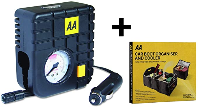 AA BUNDLE Tyre Inflator Air Tool PLUS Boot Organiser Travel Essentials Heavy Duty 12V Mini Emergency for Bike/Bicycle Tyres