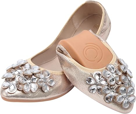 KUNWFNIX Women Ballet Flats Rhinestone Wedding Ballerina Shoes Foldable Sparkly Comfort Slip on Flat Shoes