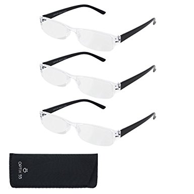 Clear Frame Reading Glasses - Pack of 3 Unisex Readers with Black Temples for Men & Women - Plus Bonus EVA Pouch - Choose Your Strength - by Optix 55