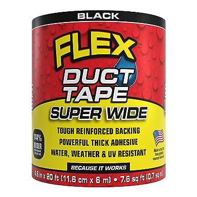 Flex Duct Tape, Super Wide, 4.6 Inches x 20 Feet, Black, Heavy Duty Strong, Multi-Surface, Water, Weather and UV Resistant, Tearable, Perfect for Boxes, No Residue