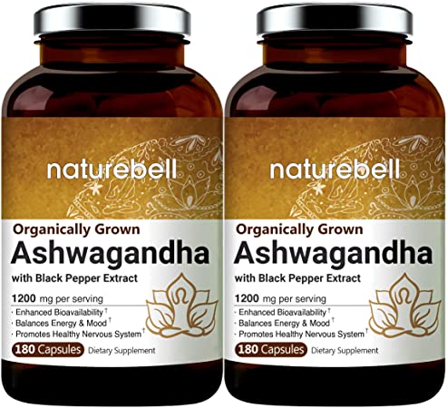 2 Pack Ashwagandha Capsules with Black Pepper Extract, 1200mg Per Serving, 180 Counts Per Bottle, Made in USA.