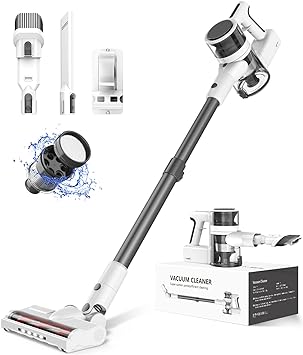 Fykee Cordless Vacuum, Vacuum Cleaners for Home with 80,000 PRM Brushless Motor, Rechargeable Vacuum with 2200 mAh Battery up to 35 Mins Runtime with Adjustable 2 Modes and Partial Washable (White)