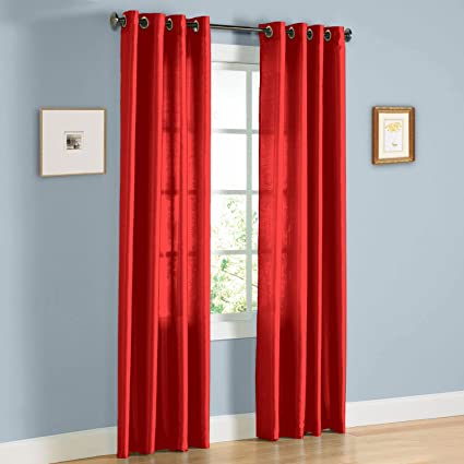 Gorgeous Home 1 Faux Silk Window Curtain Panel 55" by 84" Inch Solid Bright Red 8 Bronze Grommets Mira
