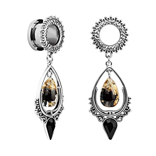 TBOSEN Stainless Steel Teardrop Black Obsidian Stone Large Dangle Bridal Plug Ear Gauges Stretching Tapers Screw Fit Tunnels