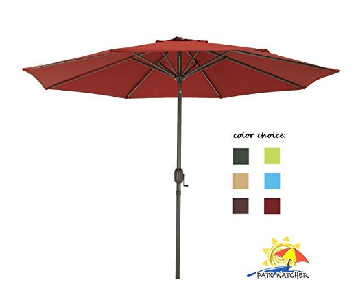 Patio Watcher 9-Ft Aluminum Patio Umbrella with Push Button Tilt and Crank, 250 GSM Fabric,8 Steel Ribs, Red