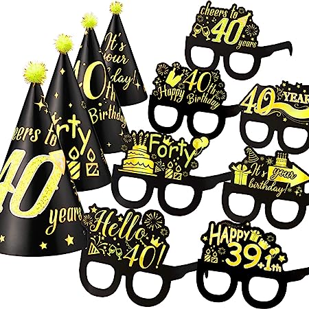 26 Pieces 40th Birthday Party Decoration Glasses and Hats Kits Black Gold Theme Paper Eyeglasses and Hats Funny Glasses and Hats Costume Accessories 40th Birthday Party Supplies for Men and Women