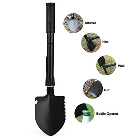 OutLife Folding Shovel, Multi-function Military Survival Shovel with Pick / Hoe / Saw / Opener / Compass, Outdoor Tool for Gardening, Trenching, Camping, Hiking