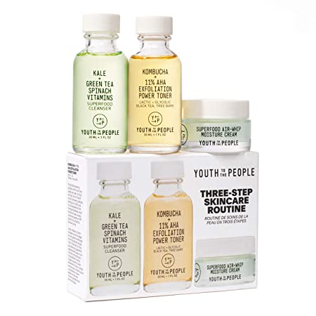 Youth To The People Mini Three Step Skincare Set - Clean Skincare Set - Superfood Cleanser (1oz) + Kombucha + 11% AHA Exfoliation Power Toner (1oz) + Superfood Air-Whip Moisture Cream (0.5oz)